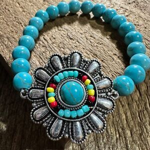 Turquoise Flower Concho Seed Bead Southwestern Bohemian Bracelet‎